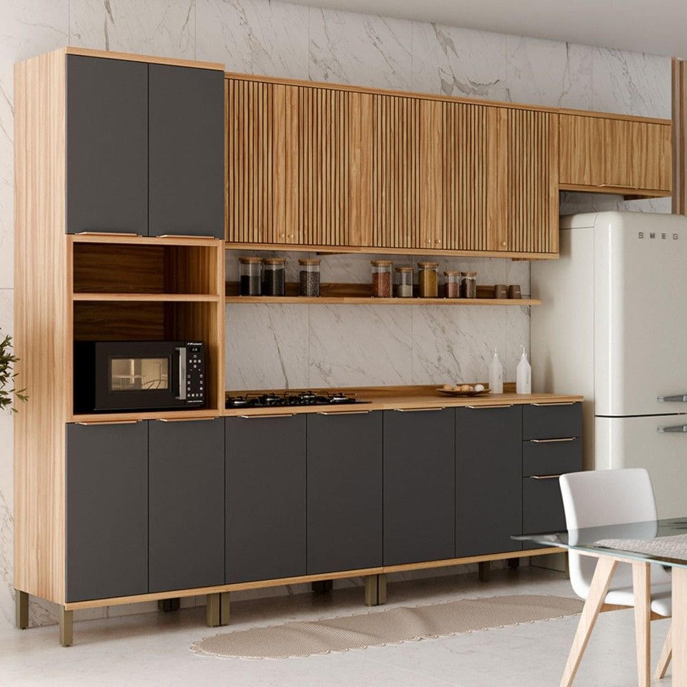 Armário de Cozinha com Balcão e Tampo 14 Portas 3 Gavetas Nice Fresado com Prateleira 100% Mdf Amêndoa/Cinza - Pnr Móveis