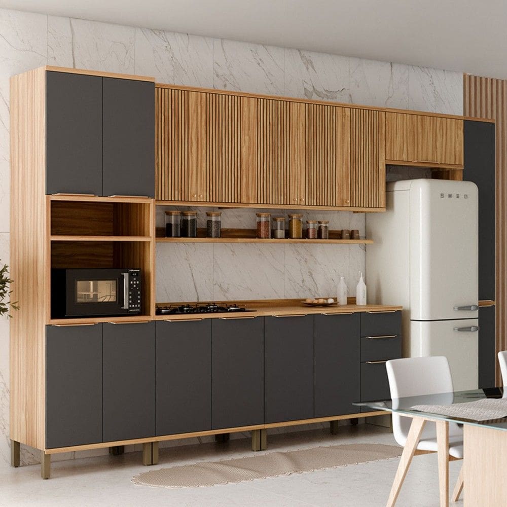 Armário de Cozinha com Balcão e Tampo 16 Portas 3 Gavetas Nice Fresado 100% Mdf Amêndoa/Cinza - Pnr Móveis