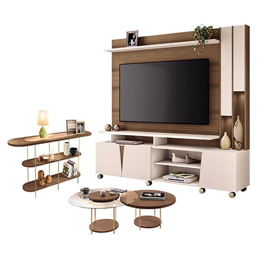 Estante Home Theater Virtus Castanho Off White com Kit de Mesa de Centro Sky e Aparador Infinity Castanho - HB Móveis