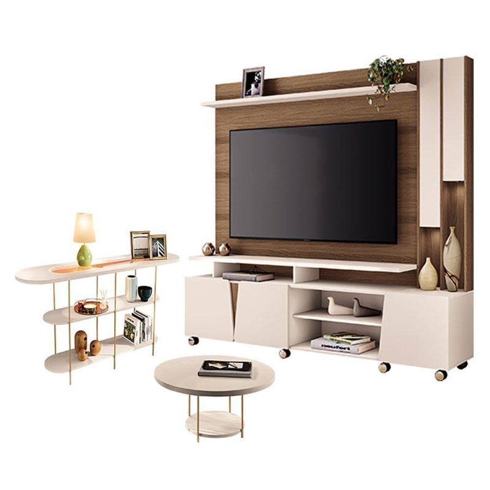 Estante Home Theater Virtus Castanho Off White com Mesa de Centro Sky e Aparador Infinity Off White - HB Móveis