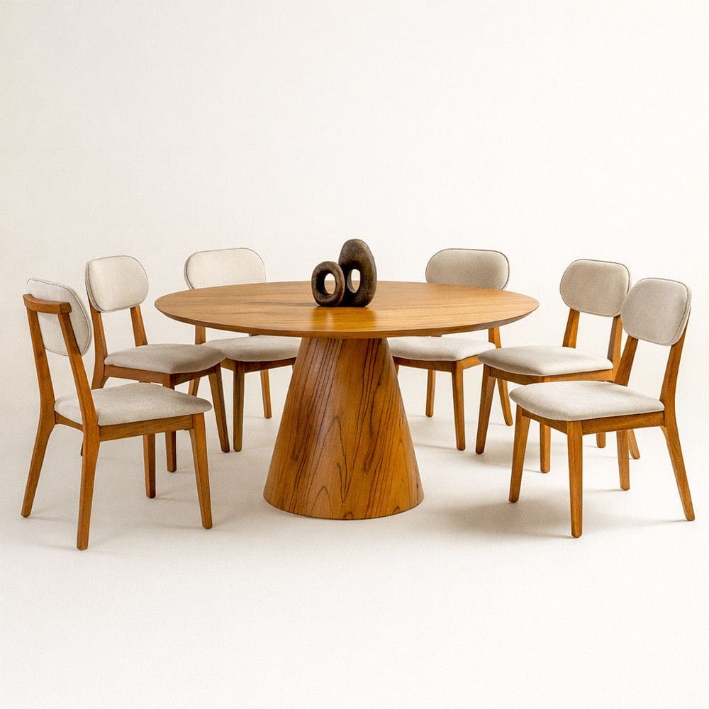 Conjunto Sala de Jantar 6 Lugares Lara Mesa Redonda 135cm e 6 Cadeiras Madeira Macica Moveis Mundial