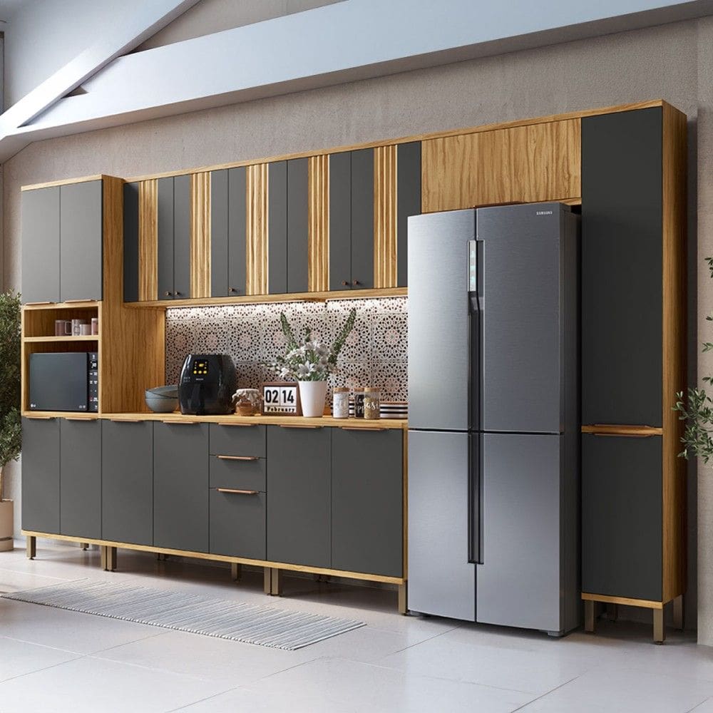 Armário de Cozinha Modulada com Balcão e Tampo 16 Portas 3 Gavetas Nice Canelado 100% Mdf Amêndoa/Cinza - Pnr Móveis