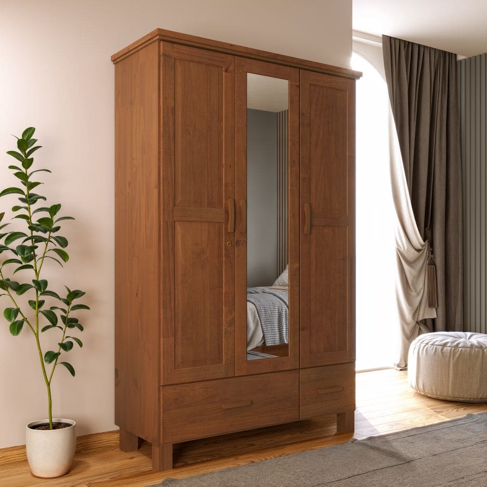 Guarda Roupa Solteiro com Espelho 1141C Bronze Madeira Maciça 3 Portas e 2 Gavetas Castanho Finestra