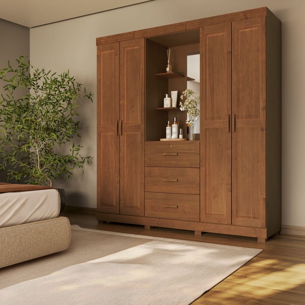 Guarda Roupa Madeira Maciça Capela com Espelho 1143C Bronze 4 Portas e 3 Gavetas Castanho Finestra