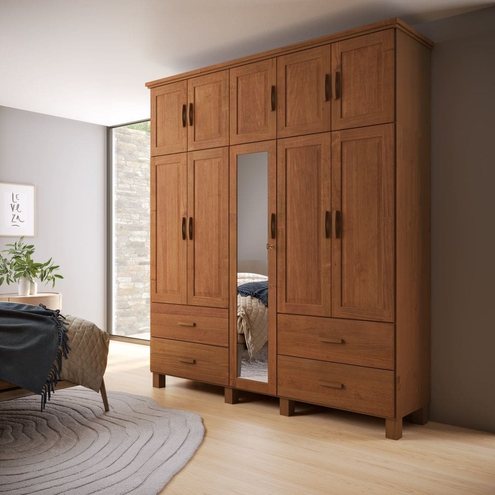 Guarda Roupa Casal Maleiro Madeira com Espelho 1145C Bronze 10 Portas e 4 Gavetas Castanho Finestra