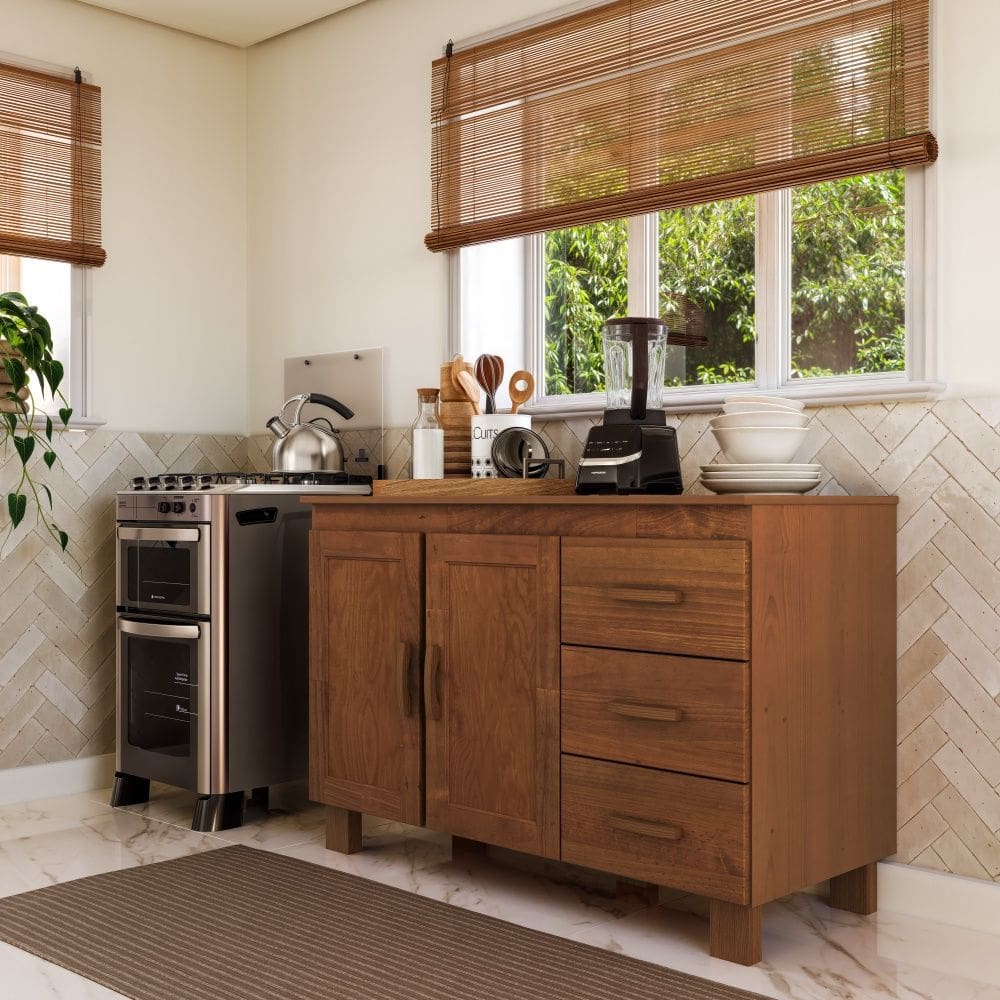 Balcão com Tampo 120cm Madeira Maciça Rústico 1291C Cobre 2 Portas e 3 Gavetas Castanho Finestra