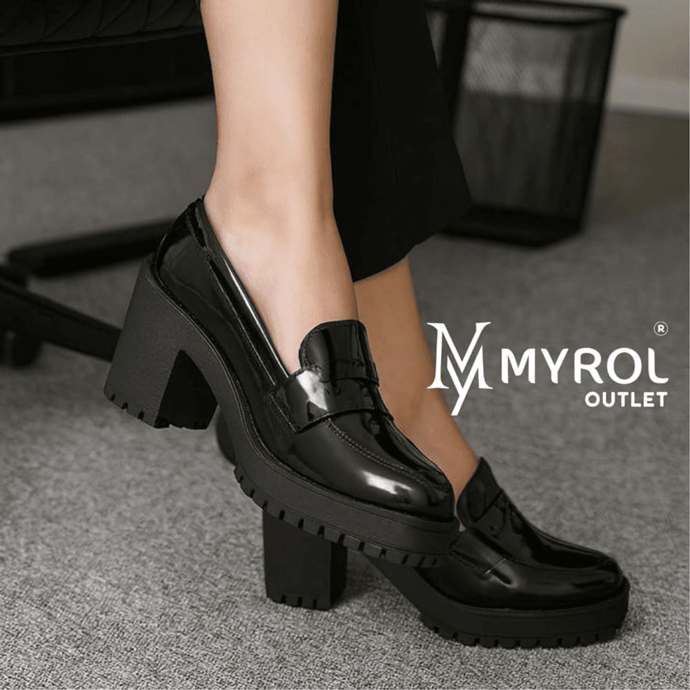Sapato Salto Medio Tratorado Mocassim Slip On Casual Preto V