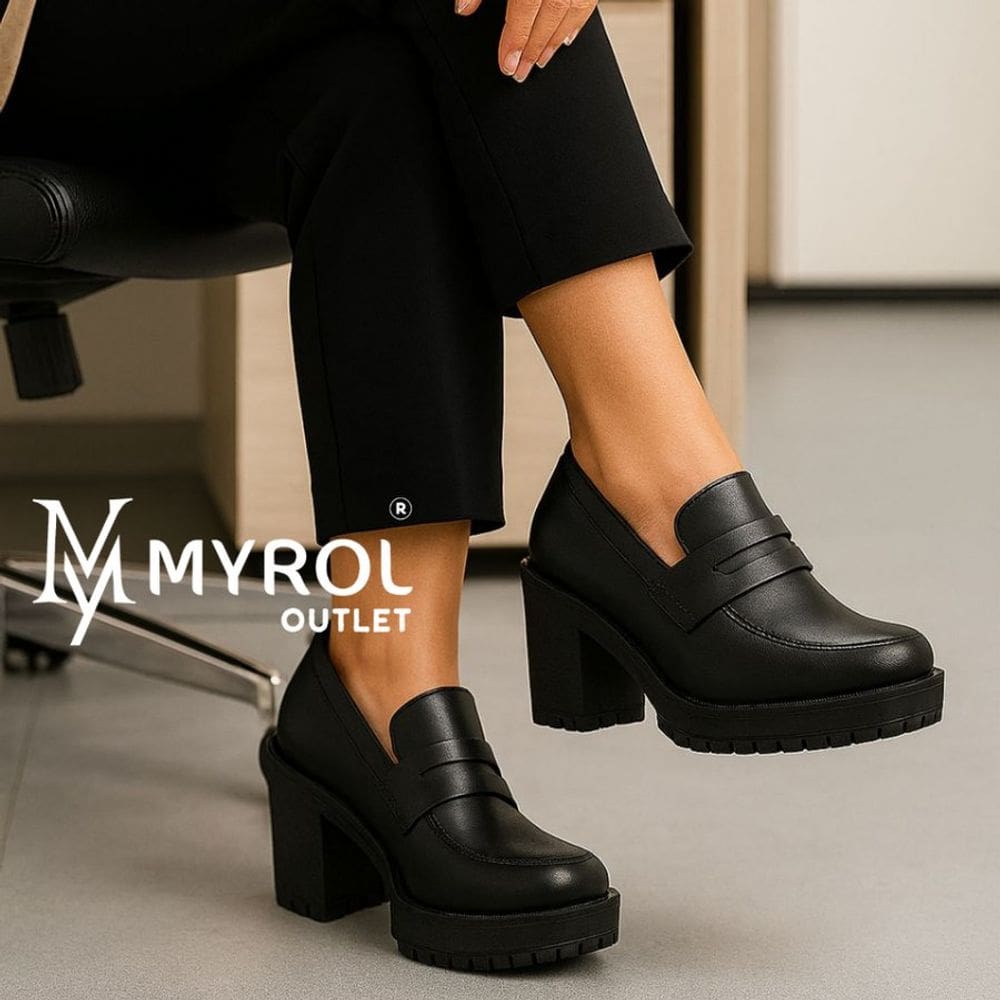 Sapato Salto Medio Tratorado Mocassim Slip On Casual Preto