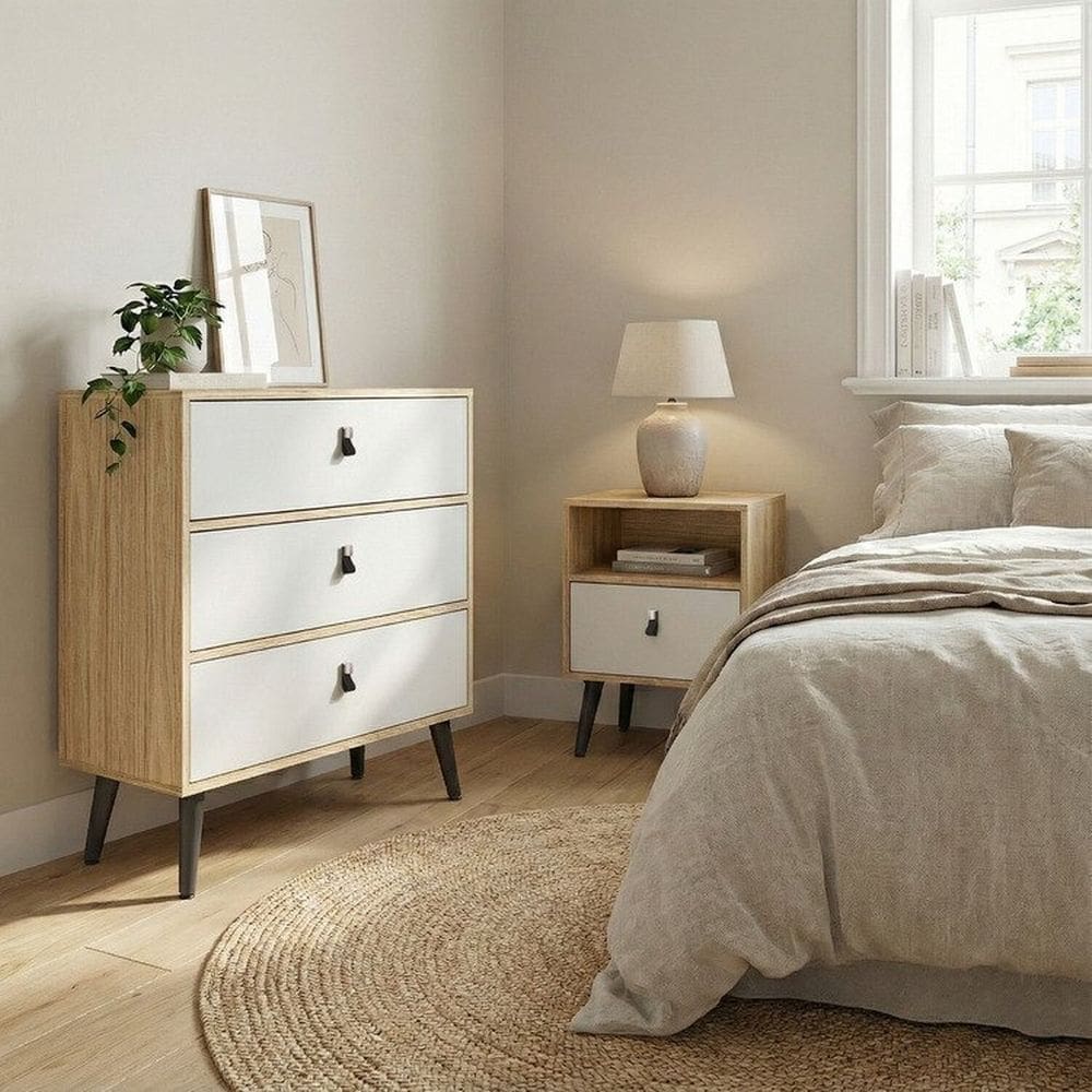 Conjunto Cômoda 3 Gavetas com Mesa de Cabeceira Amendoa / off white