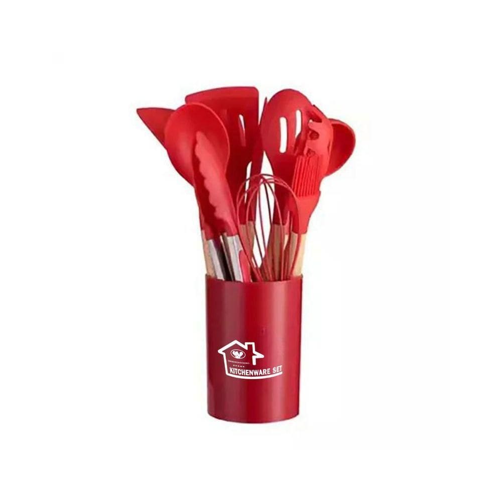 Kit 12 Utensílios De Cozinha Em Silicone E Cabo De Madeira Resistente Ao Calor Vermelho
