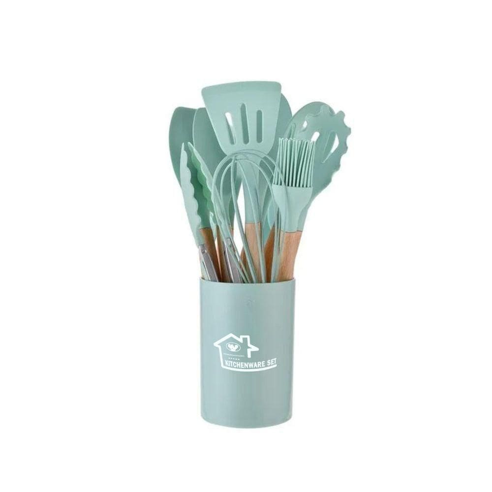 Kit 12 Utensílios De Cozinha Em Silicone E Cabo De Madeira Resistente Ao Calor Verde Claro
