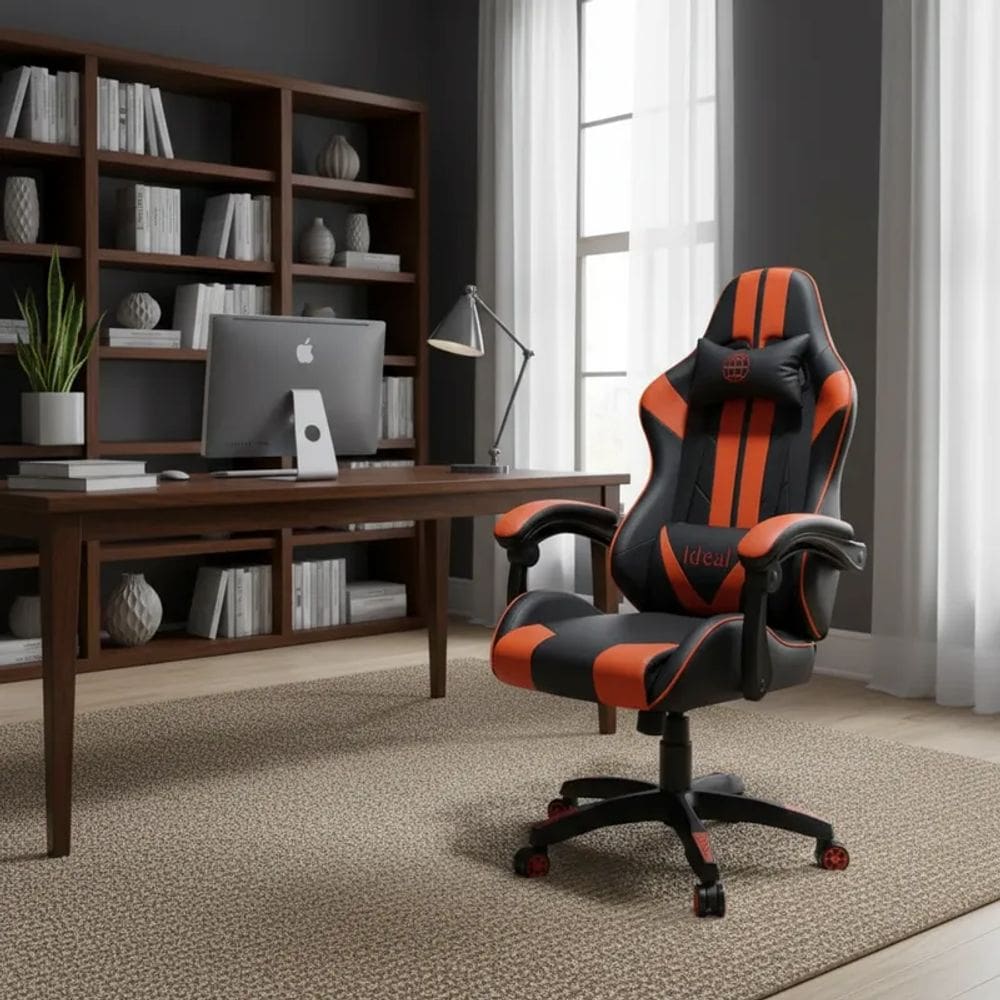 Cadeira Escritório Gamer Estofada Giratória Reclinável Couro Suporte Lombar e Cervical Regulagem Altura e Inclinação