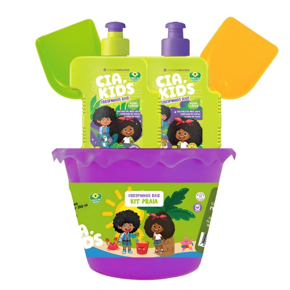 Kit Cia Da Natureza Praia Crespinhos Raiz: Shampoo, Condicionador 250 ml, Balde e Acessórios