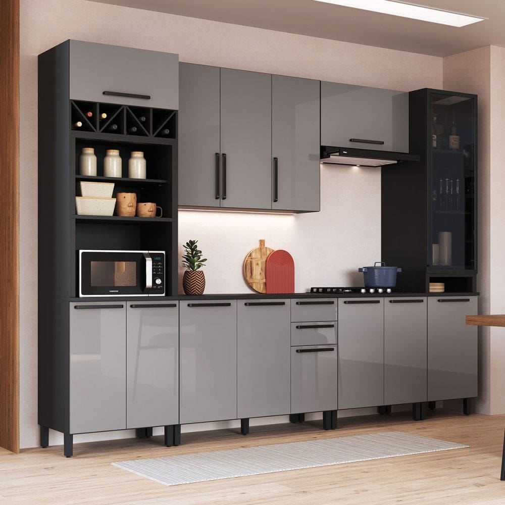 Cozinha Completa Diamante 13 Portas 3 Gavetas com Vidro Cinza/Titanio - Indékes