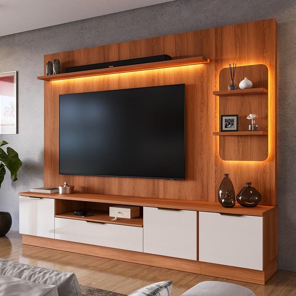 Estante Home Para TV Até 75” Noble 225cm Com Torre Nicho LED Sala Luxo