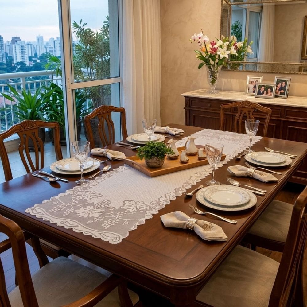 Caminho de Mesa Branco com Renda 1,38m x 40cm