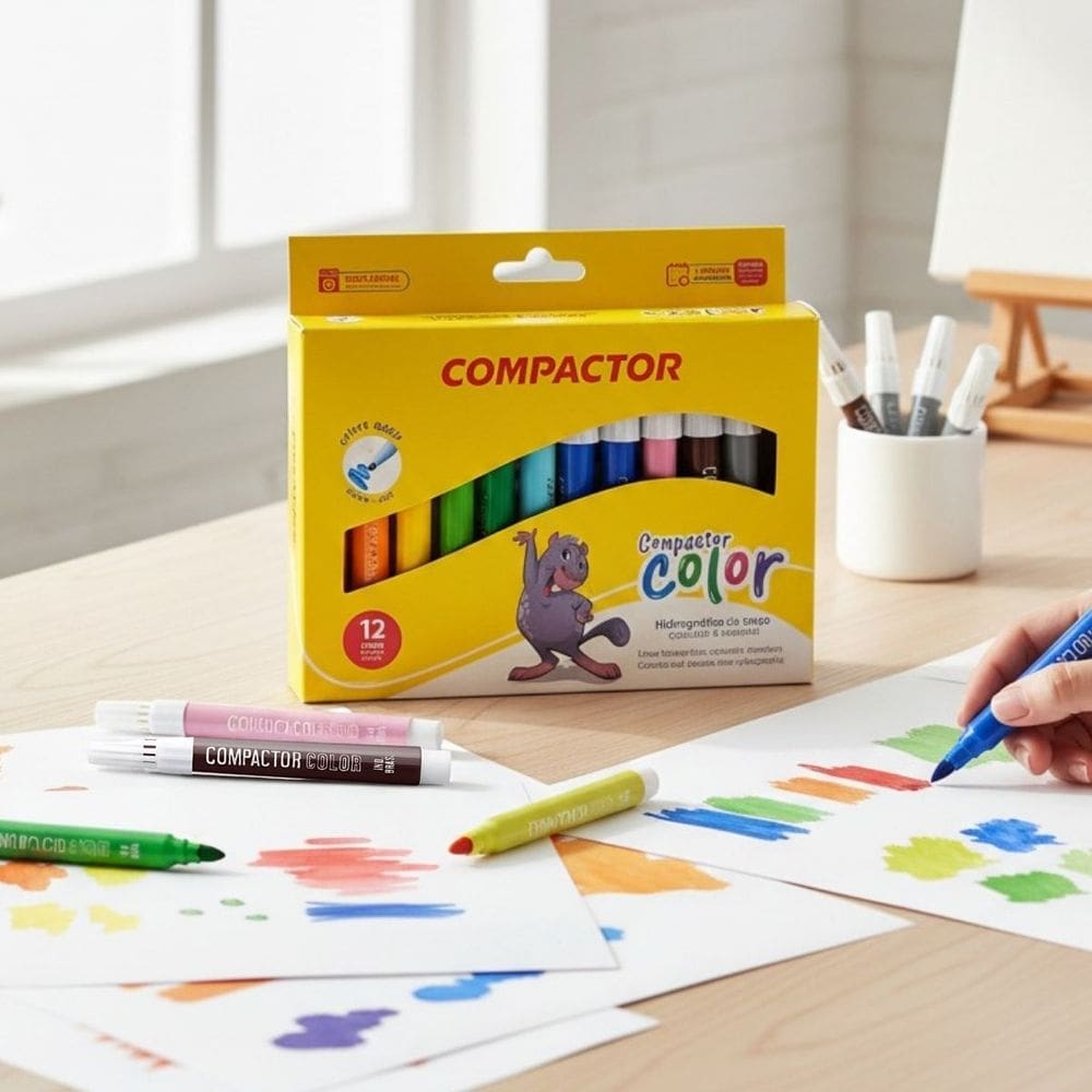 Canetinhas Coloridas Jumbo Grossa Compactor Color 12 Cores Atóxica e Lavável