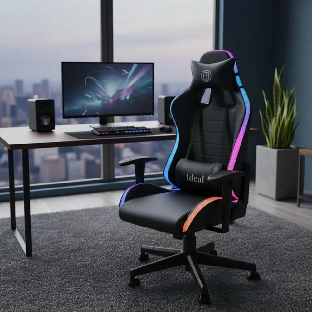 Cadeira Escritório Gamer Estofada Giratória Suporte Lombar e Cervical Ajuste Regulagem Luzes Led RGB