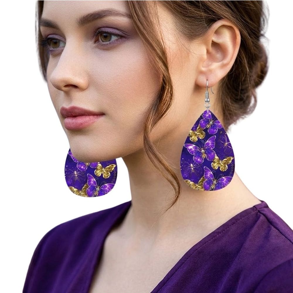 Brinco Gota Roxo com Borboletas Douradas Feminino Luxo