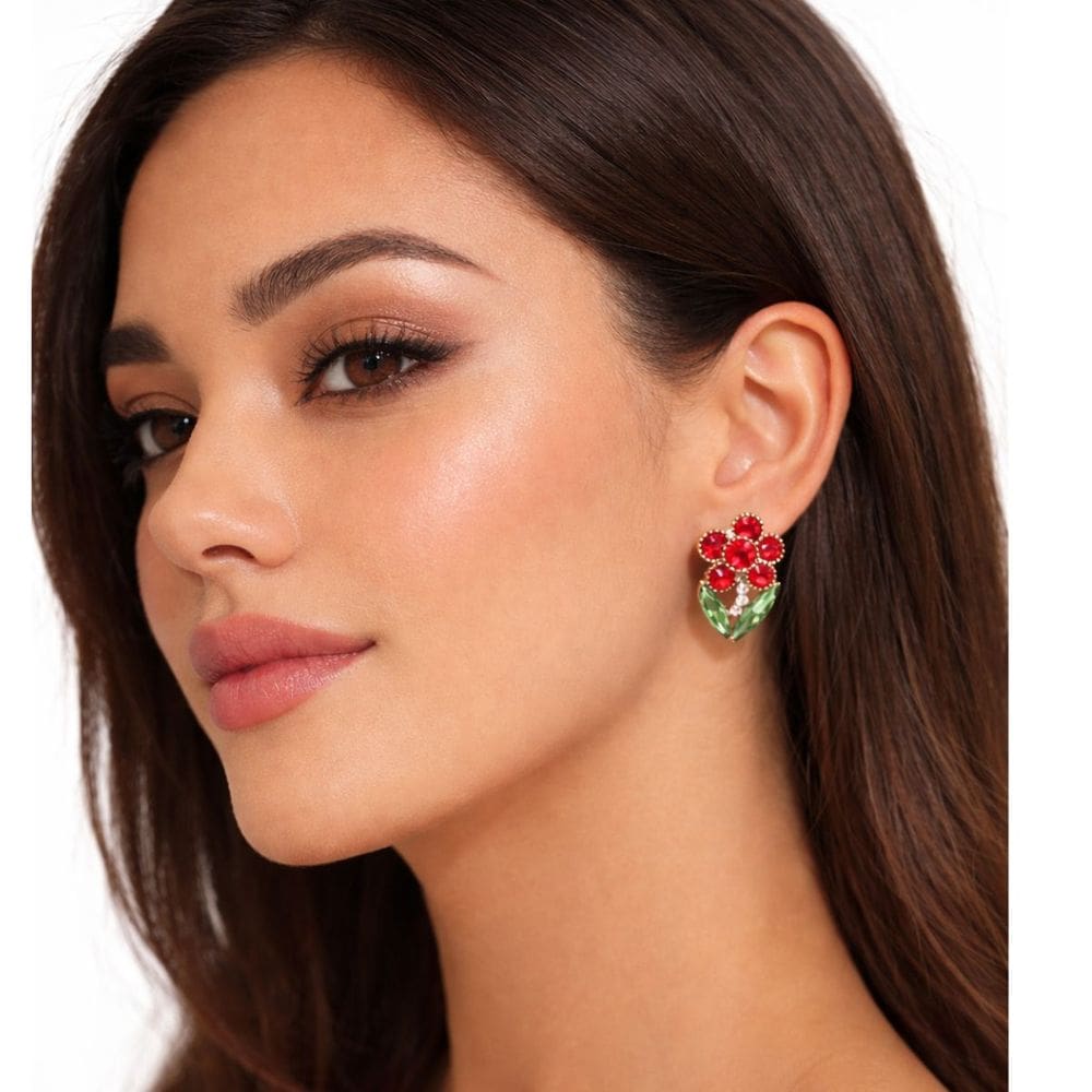 Brinco Feminino Flor Vermelho Strass Delicado Elegante Luxo