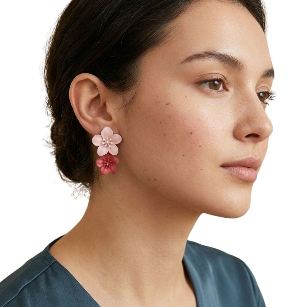 Brinco Feminino Flor Rosa e Vermelha Delicado Luxo Festa