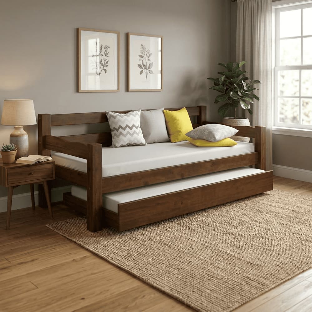 Bicama Solteiro Confort 100% Madeira Maciça Com Cama Auxiliar E Rodízios