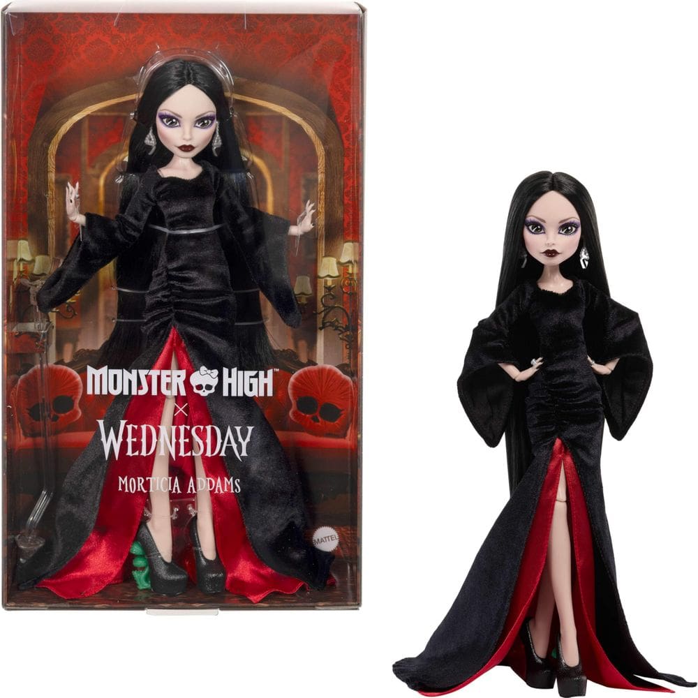 Boneca Morticia Addams Monster High Vestido Preto e Carmesim
