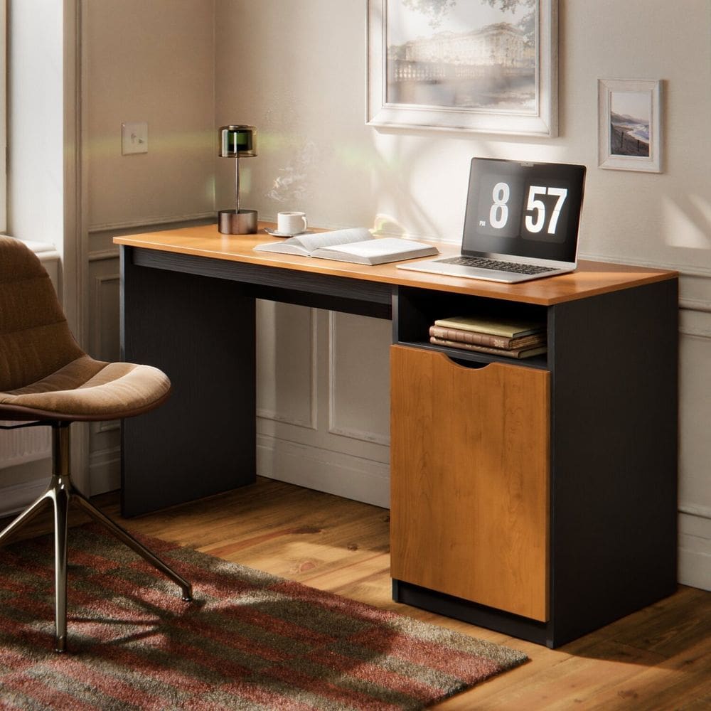 Escrivaninha para Escritório com 1 Porta e Nicho Lateral 115cm Maxi Preto/Marrom