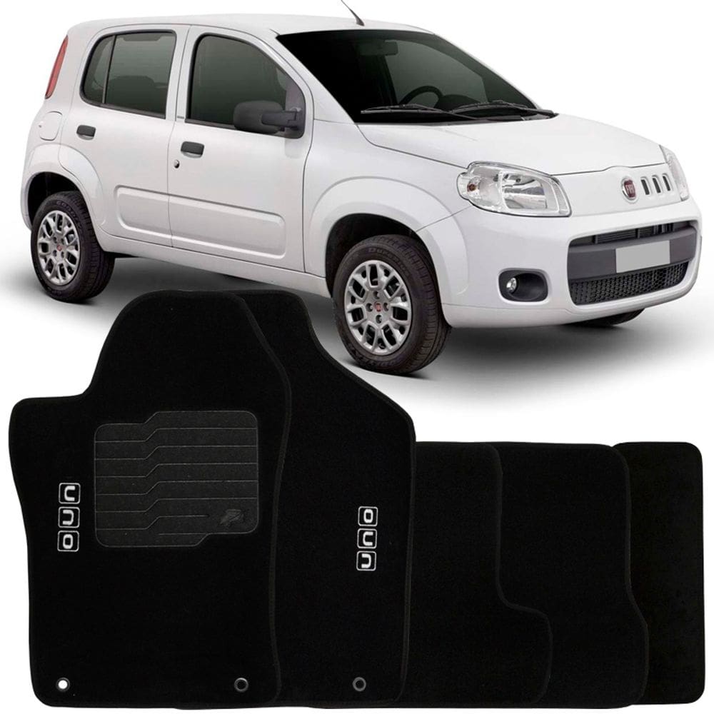 Jogo de Tapete Automotivo Carpete Fiat Uno 2011 à 2018 Soft Logo Bordado Preto 5 Peças
