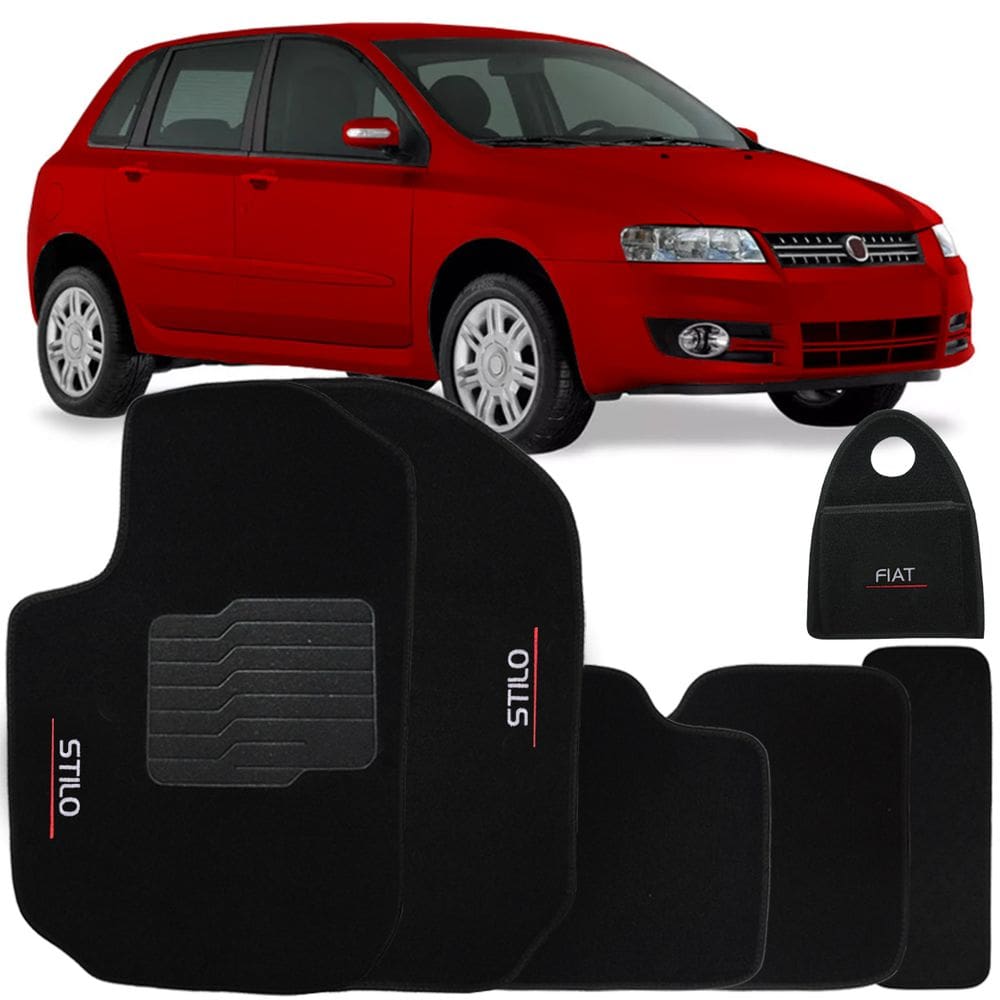 Jogo Tapete Automotivo Carpete + Lixeira Fiat Stilo 2002 à 2011 Soft Logo Bordado Preto 6 Peças