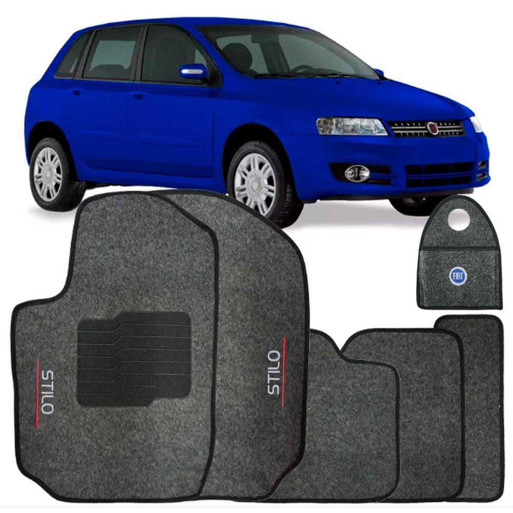 Jogo Tapete Automotivo Carpete + Lixeira Fiat Stilo 2002 à 2011 Soft Logo Bordado Grafite 6 Peças