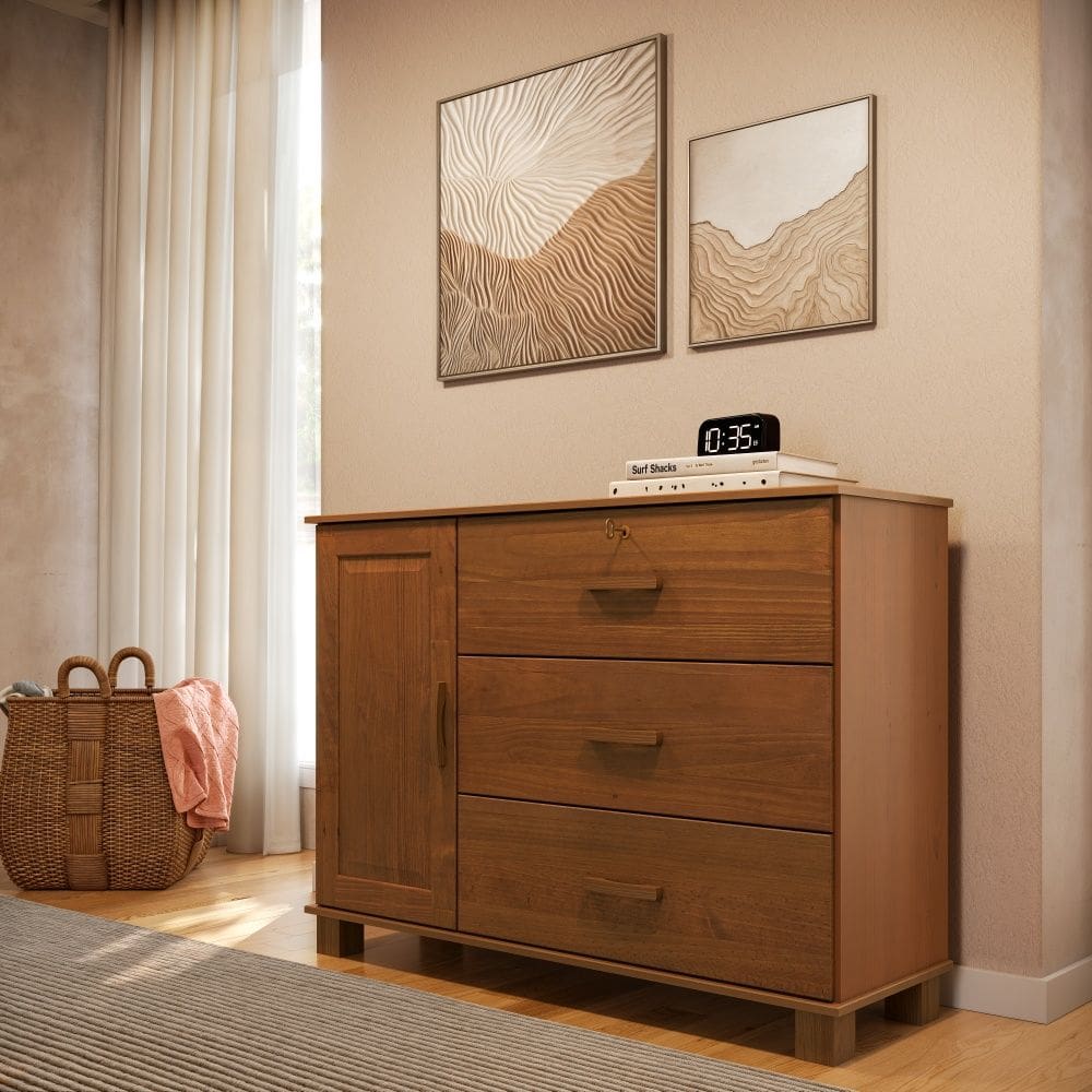 Cômoda Sapateira 1139C Bronze Madeira Maciça 3 Gavetas e 1 Porta Castanho Finestra