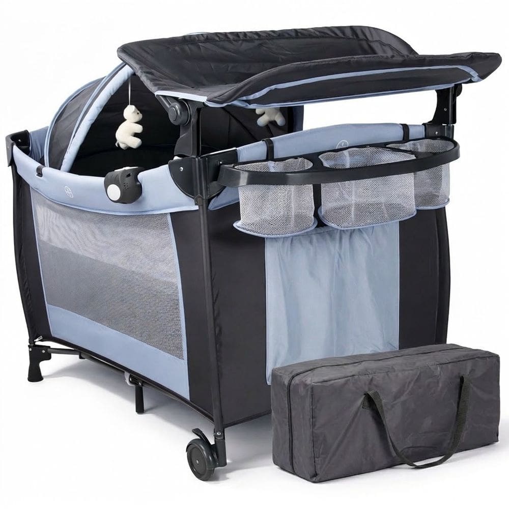 Berço de Bebê Portátil Zooper Azul com Trocador Mosquiteiro Bolsa e Caixa Musical Som e Luz Dobrável Desmontável
