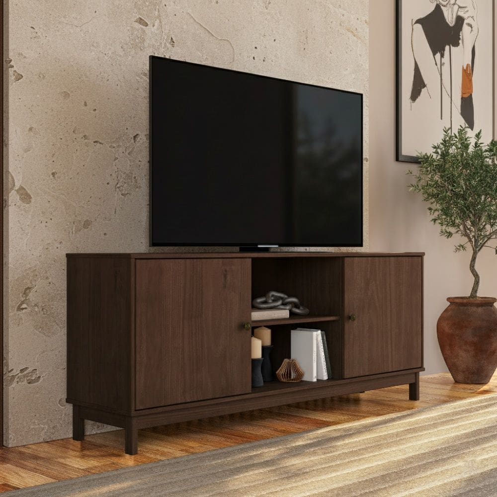 Rack Bancada para TV 80`` 1961WN Essência Madeira Maciça com Prateleira e 2 Portas Café Finestra