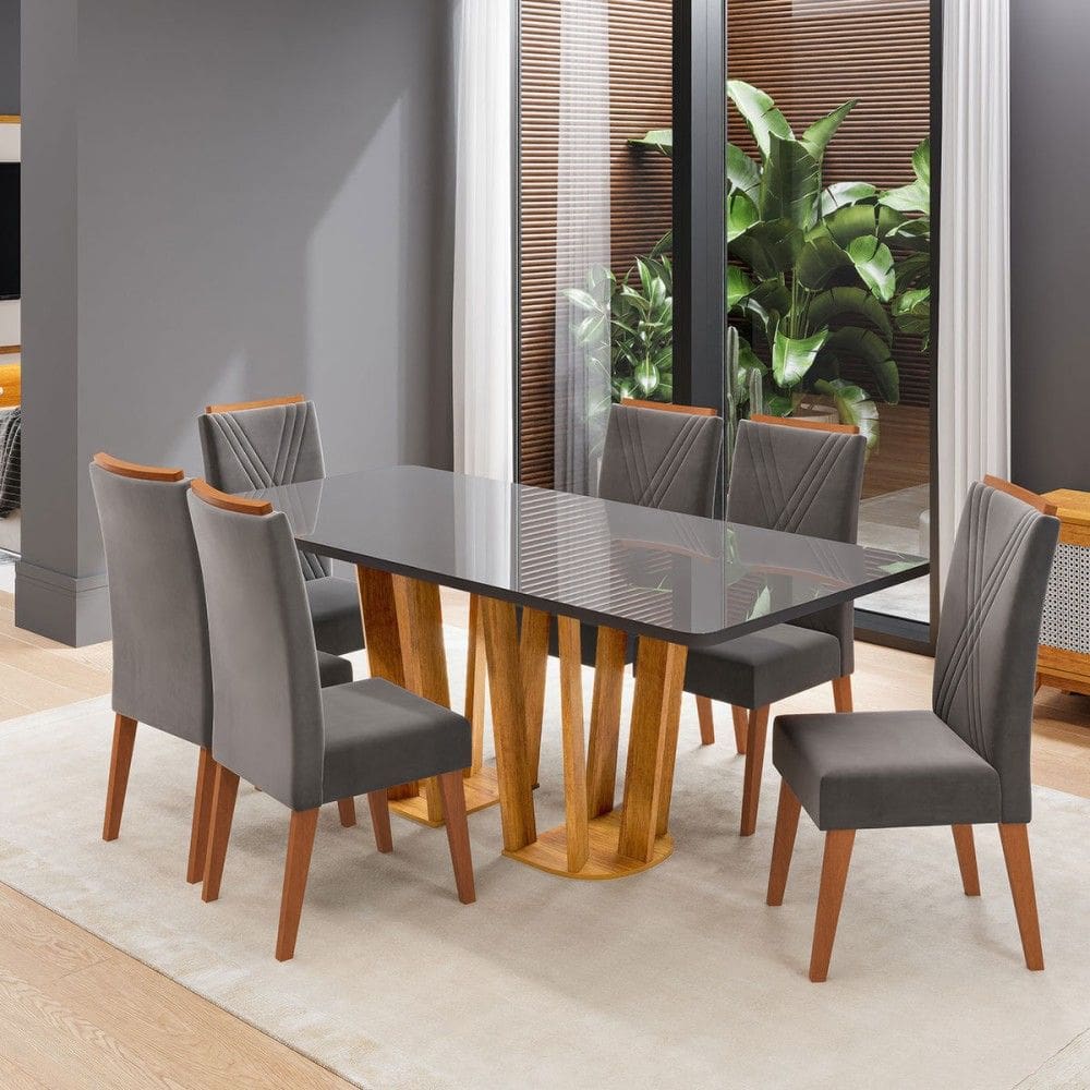Mesa de Jantar 6 Lugares Mondini com Vidro Marrom/Grafite/Cinza - Viero Móveis