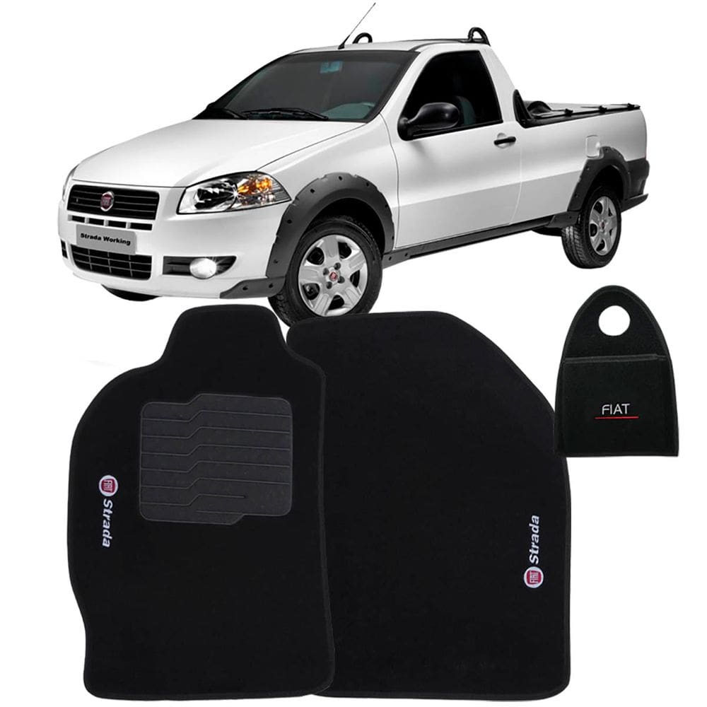 Jogo Tapete Carpete + Lixeira Fiat Strada Cab. Simples 1999 à 2012 Soft Logo Bordado Preto 3 Peças