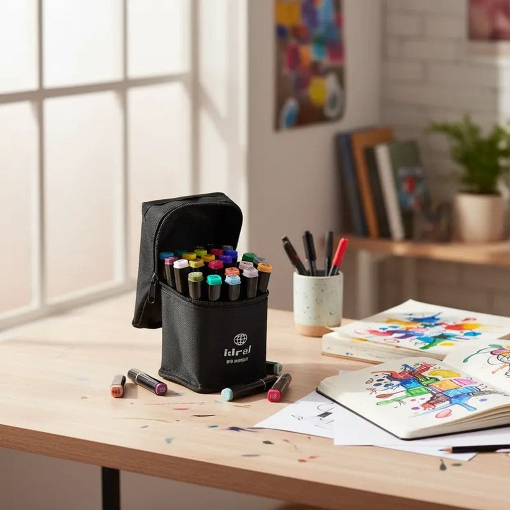 Kit Canetinhas Estojo 24 Cores Marcador Permanente Colorida Duas Pontas Pintar Arte Colorir Desenho