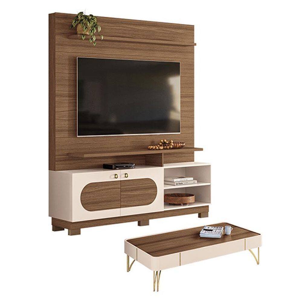 Estante Home Theater Axis Castanho Off White com Mesa de Centro Cadenza Off White Castanho - HB Móveis