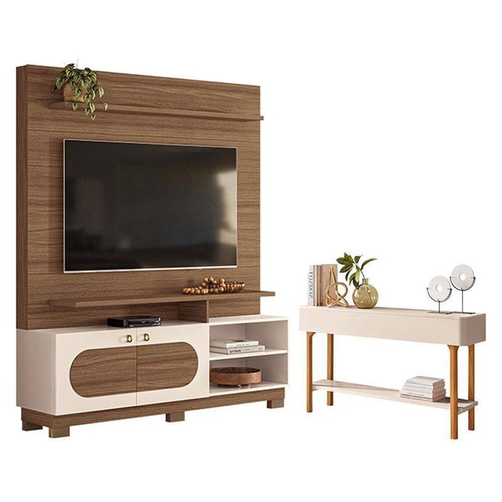 Estante Home Theater Axis Castanho Off White com Aparador Fiero Off White - HB Móveis
