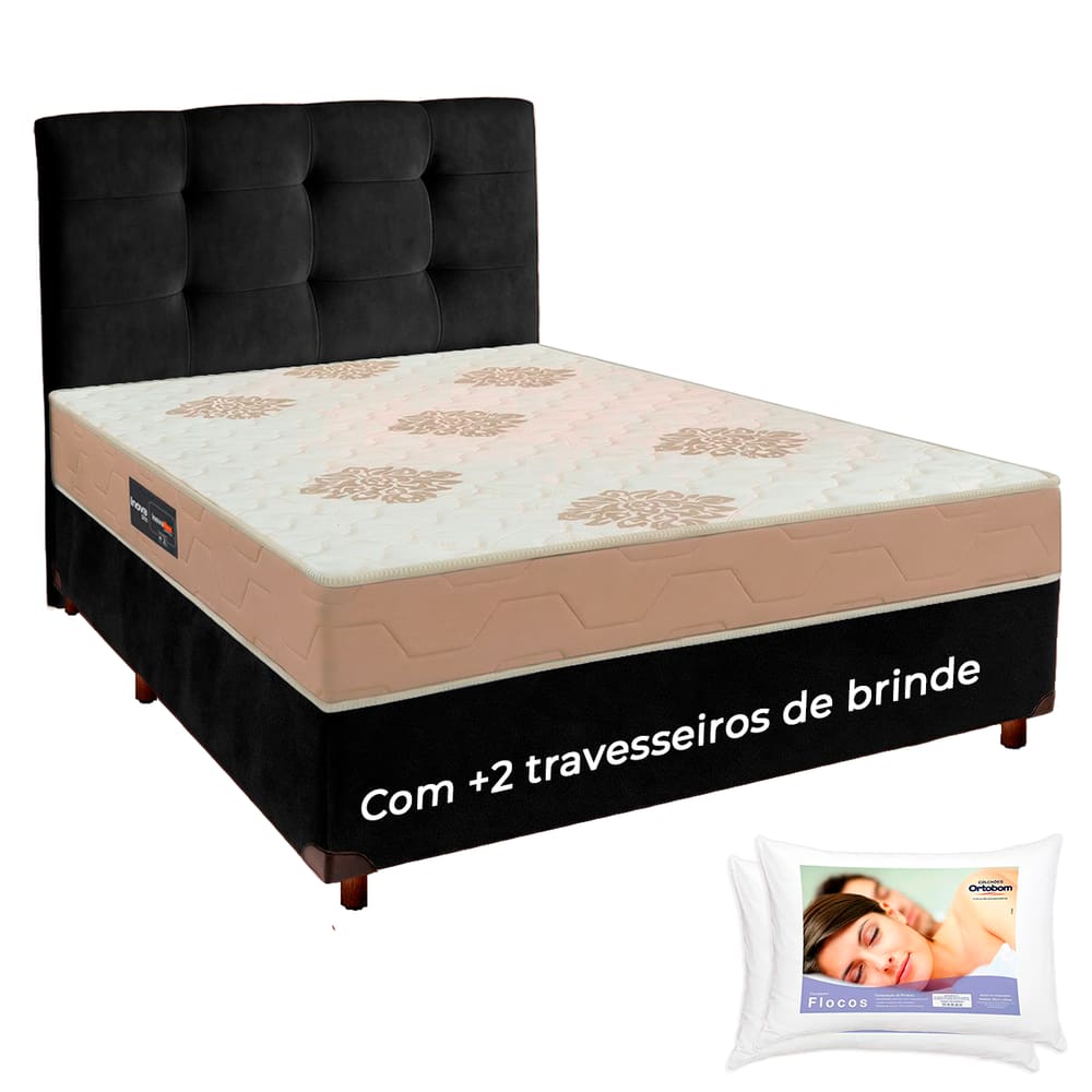 Kit Cama Box + Cabeceira + Colchão Casal D33 + 2 Travesseiros Ortobom
