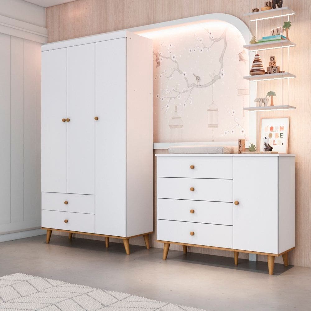 Conjunto Cômoda Lígia Roupeiro Lígia Quarto de Bebê 100% Mdf Branco C/ Betula