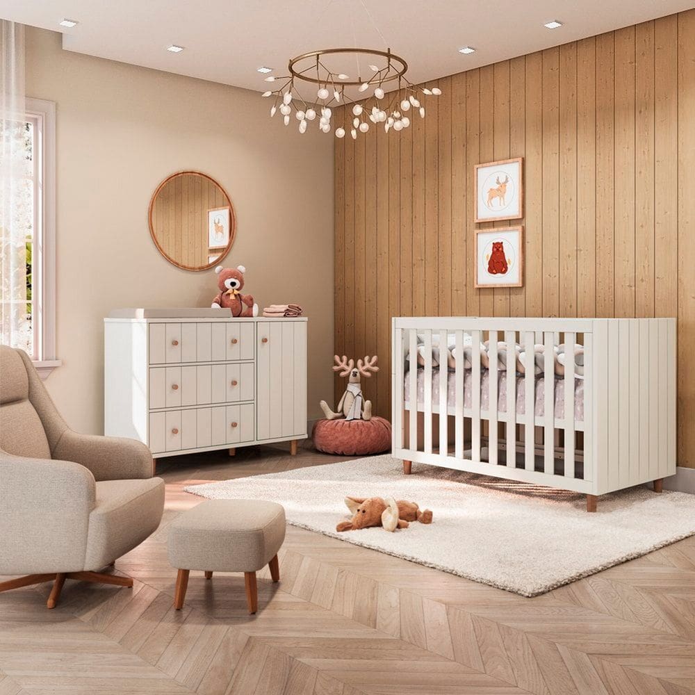 Conjunto Valentina Bicama Valentina  Cômoda Valentina Fraldário Branco Soft / Jequitibá