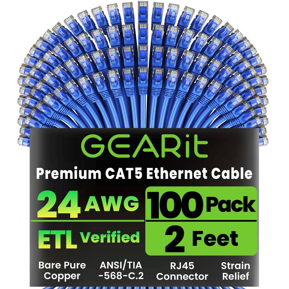 Cabo de conexão Ethernet GEARIT Cat5e, 2 pés, pacote com 100, azul