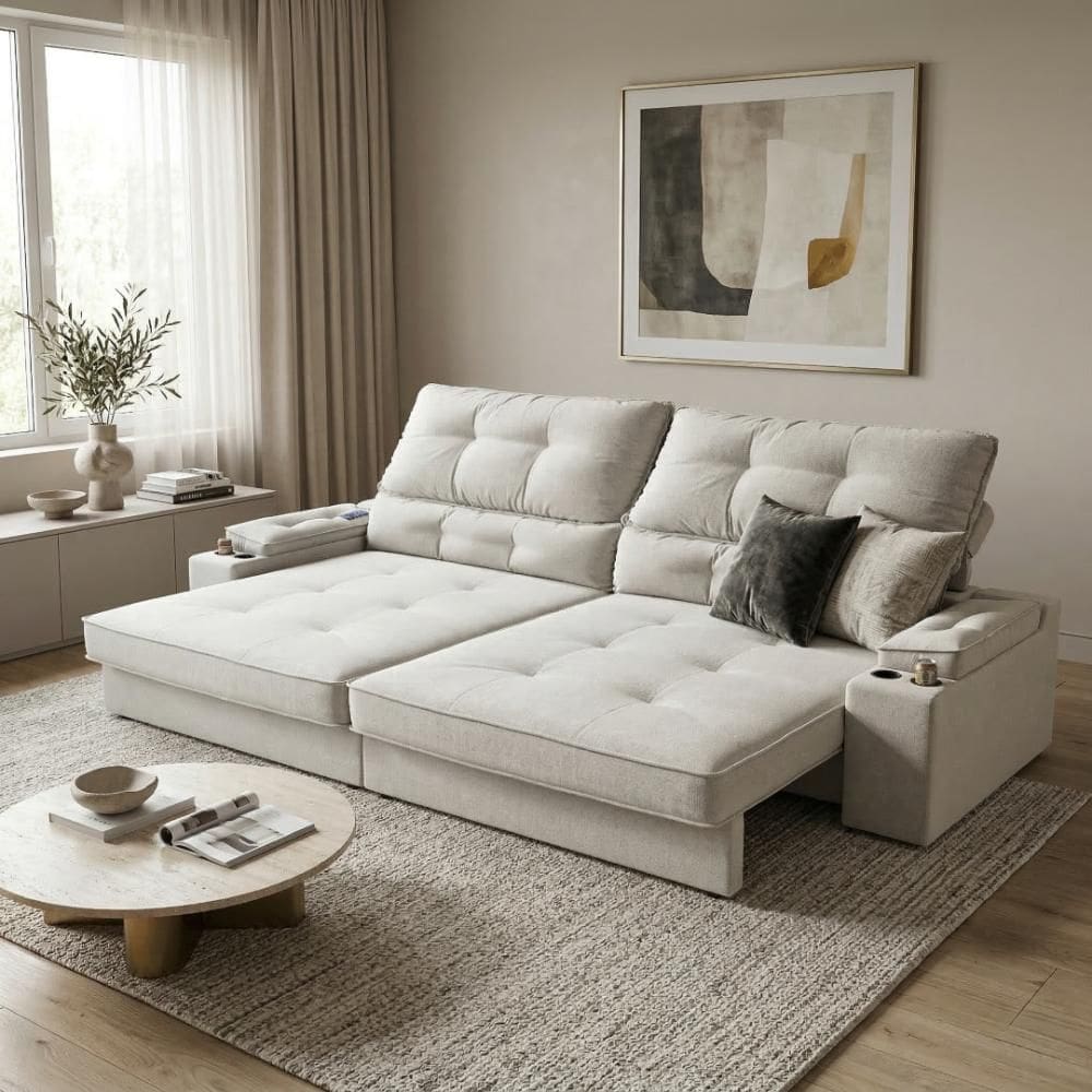 Sofá Retrátil Reclinável 4 Lugares Porta-copos USB Linho 2,30m Santiago