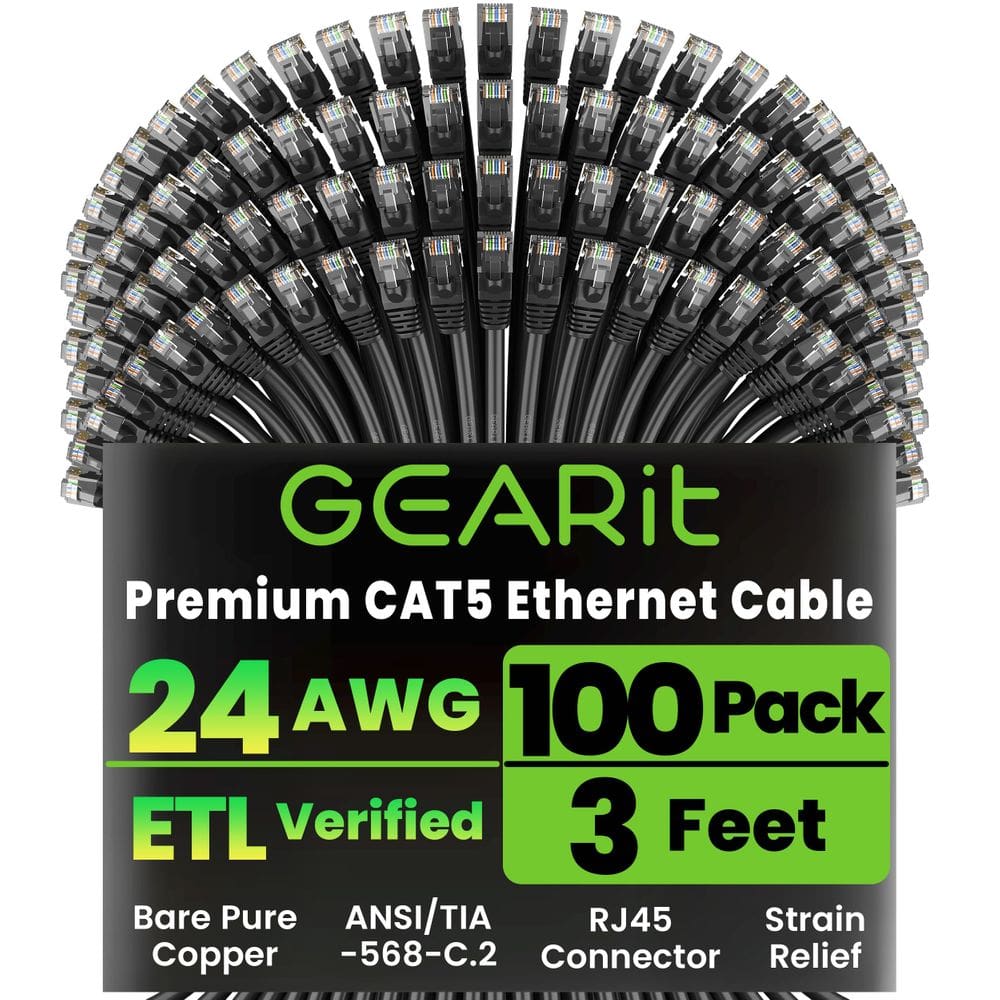 Cabo de conexão Ethernet GearIt Cat5e, pacote com 100 pés, preto