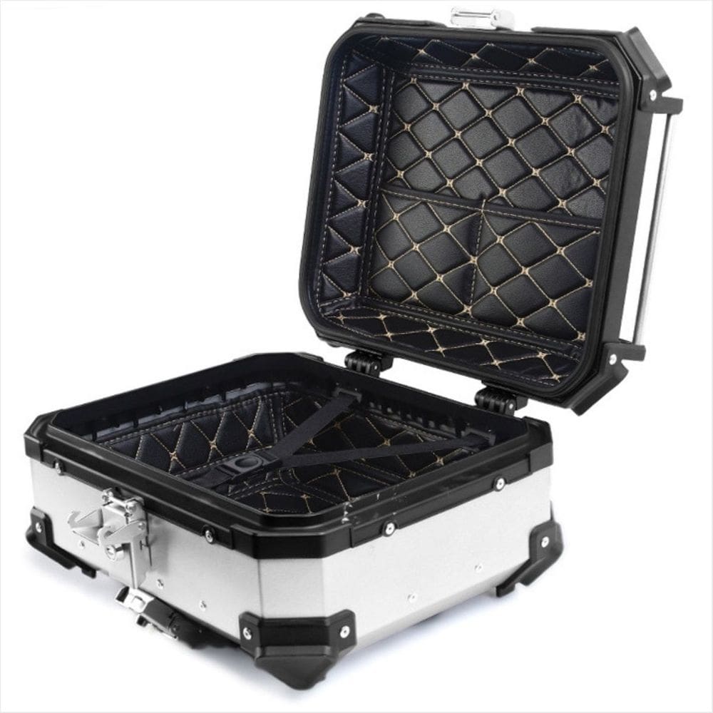 Baú de Moto Traseiro Tronos 22L-T em Alumínio - Base Universal - 22 Litros - Forro em Couro Sintético - Prata