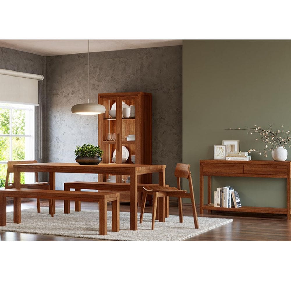 Conjunto Sala Jantar Nature: Cristaleira, Aparador, Mesa, Banco e Cadeiras Rústico Escuro Madeira Pinus