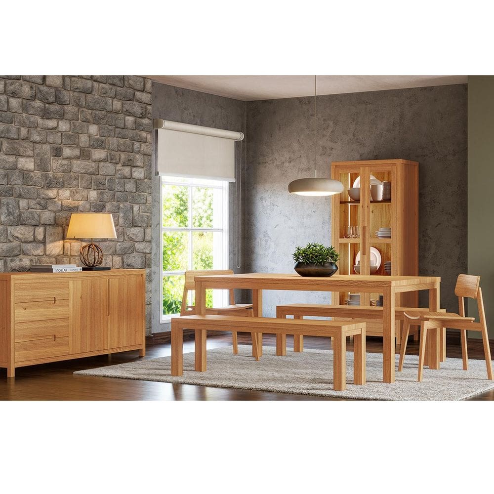 Conjunto Sala Jantar Nature: Cristaleira, Buffet, Mesa, Banco e Cadeiras Rústico Claro Madeira Pinus