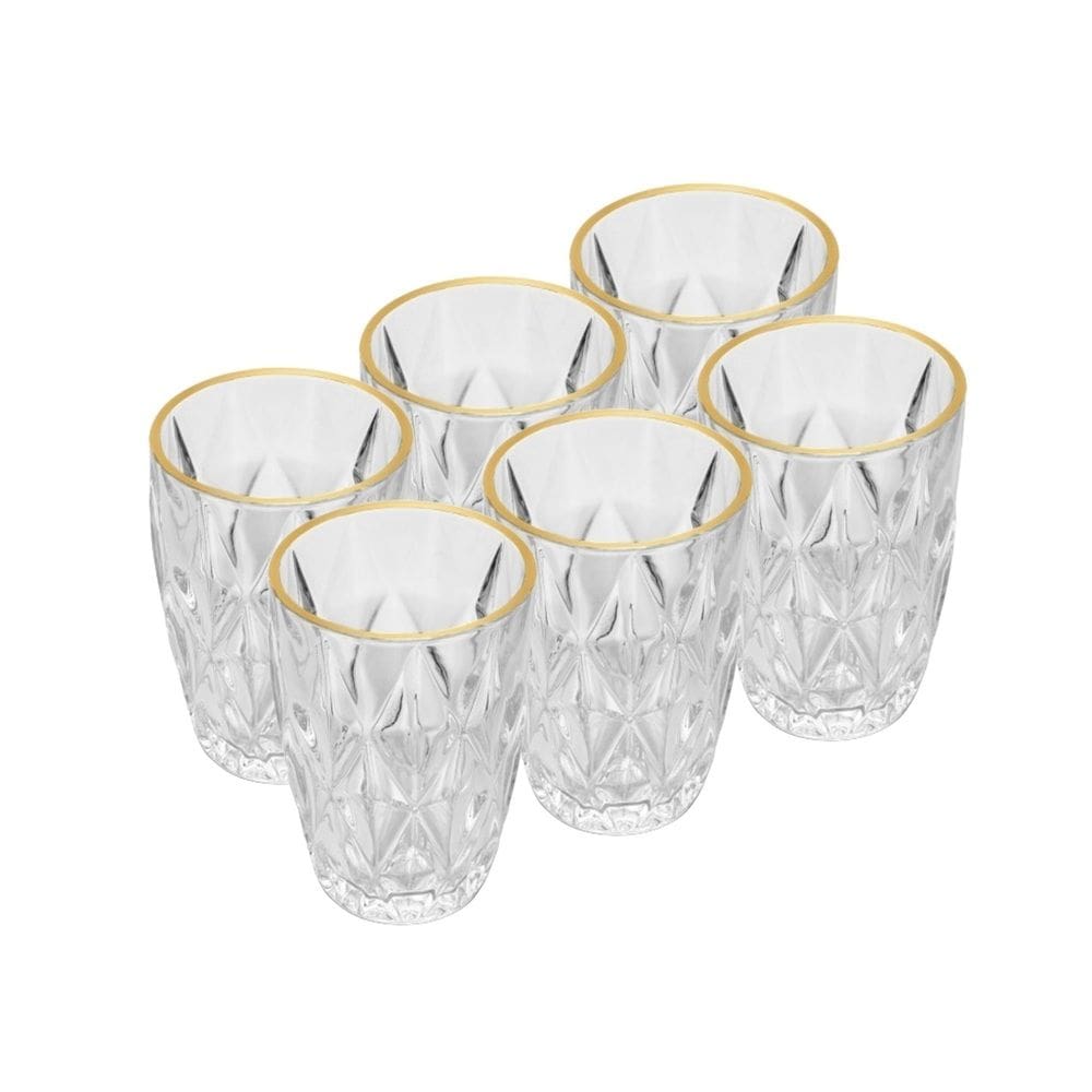 Cj 6 Copos Baixos de Vidro Transparente C/Fio de Ouro Diamond 270ml Lyor