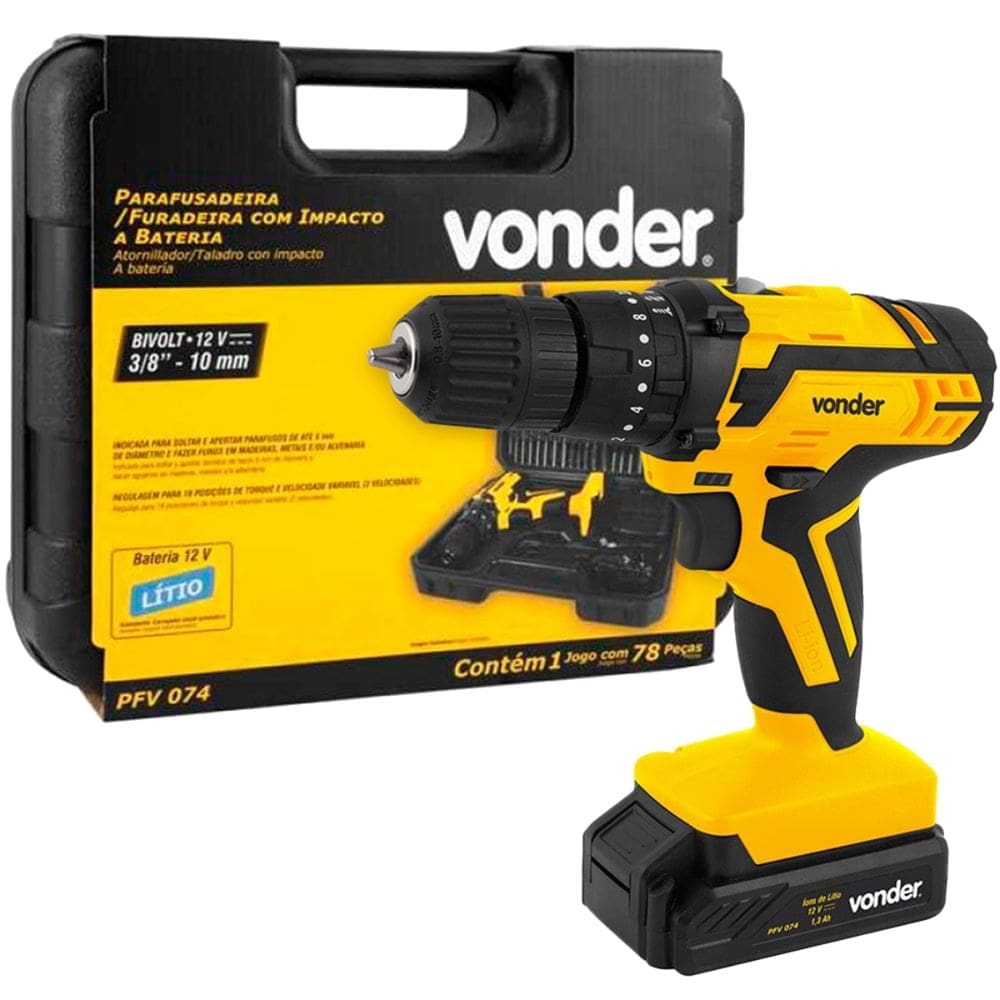 Parafusadeira/Furadeira de Impacto à Bateria 12v com 74 Acessórios PFV074 - 6001074000 - VONDER